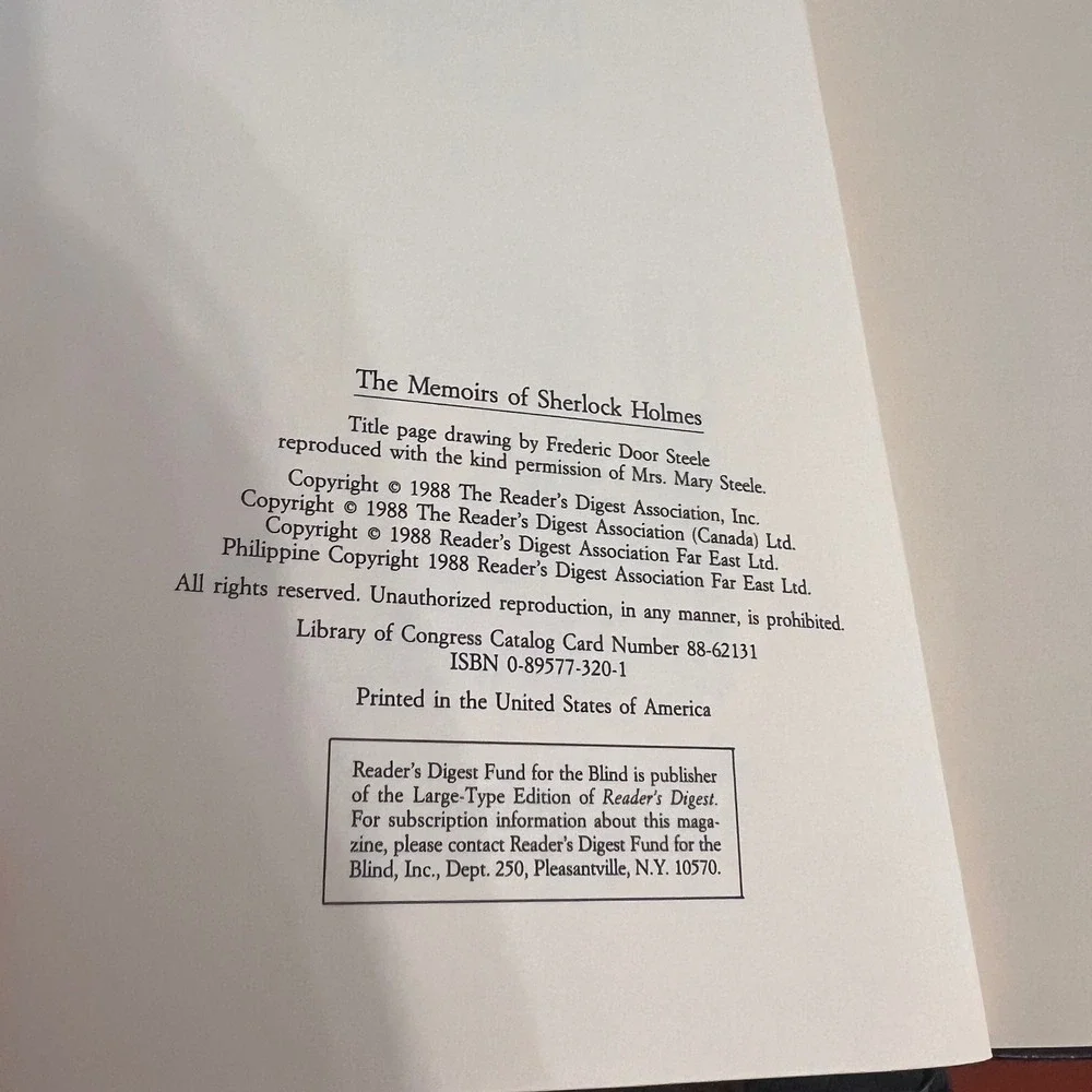 The Memoirs of Sherlock Holmes Arthur Conan‎ Doyle Readers Digest 1988 Hardcover